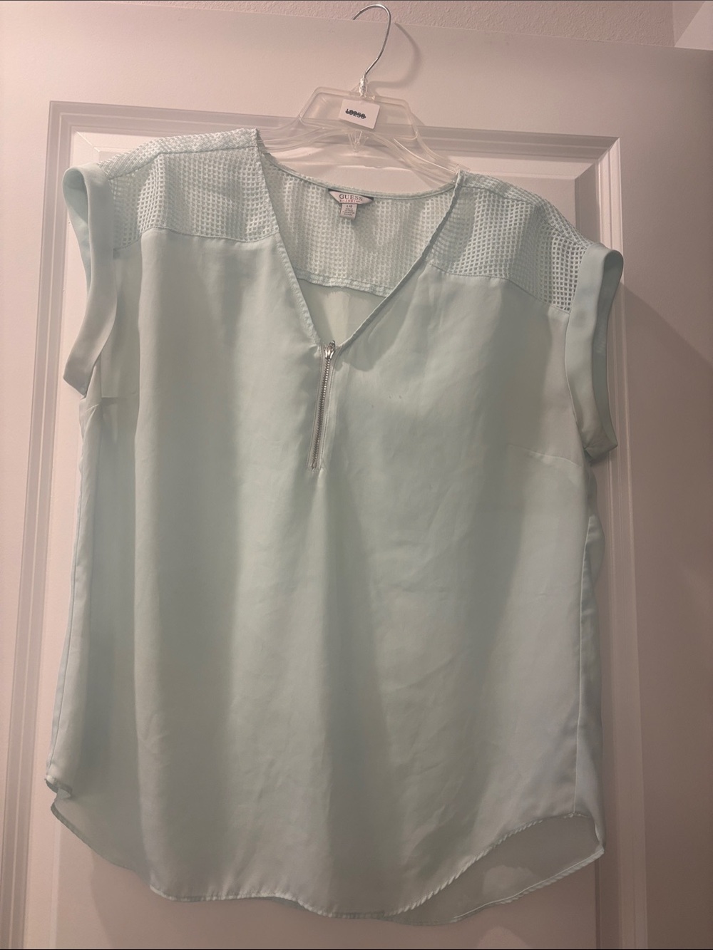 Guess Mint Green V-Neck Zip Cap-Sleeve Blouse